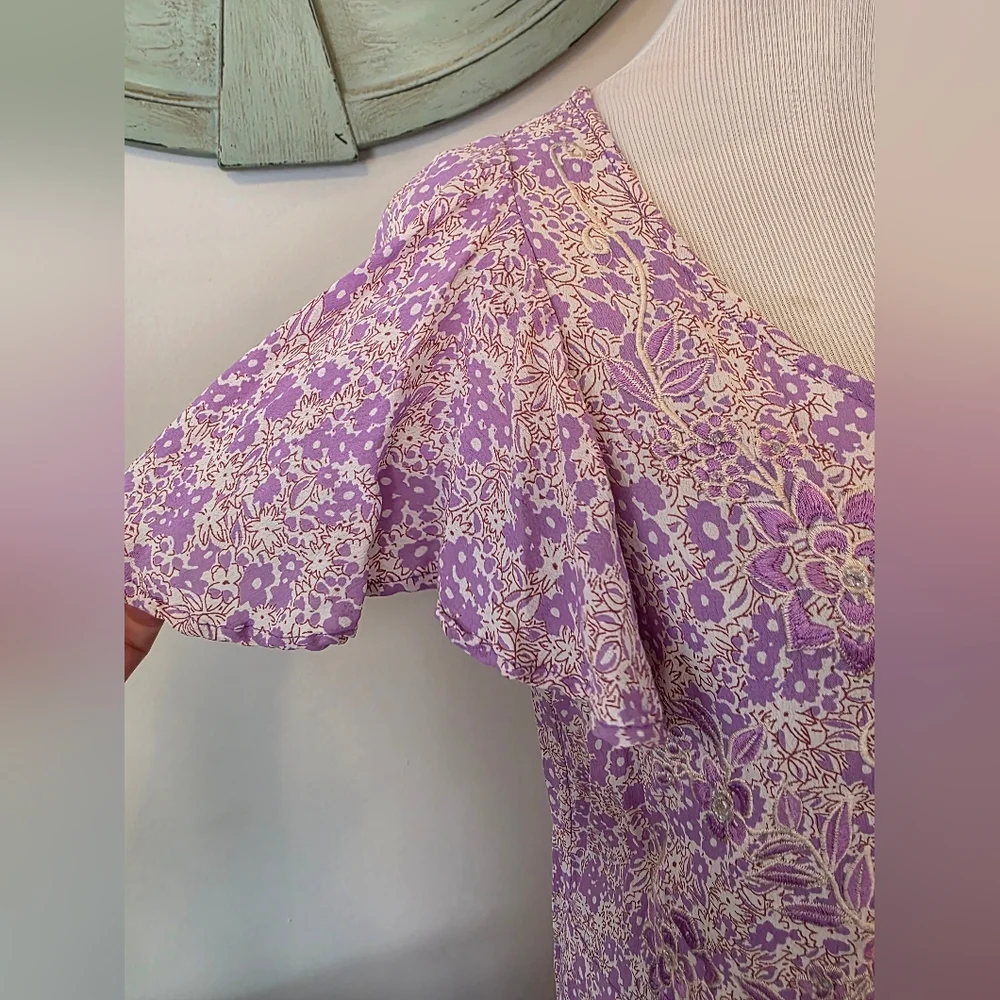 April Cornell Size Large Lavender Floral Embroidered Maxi Dress Flutter Sleeve - Picture 3 of 12